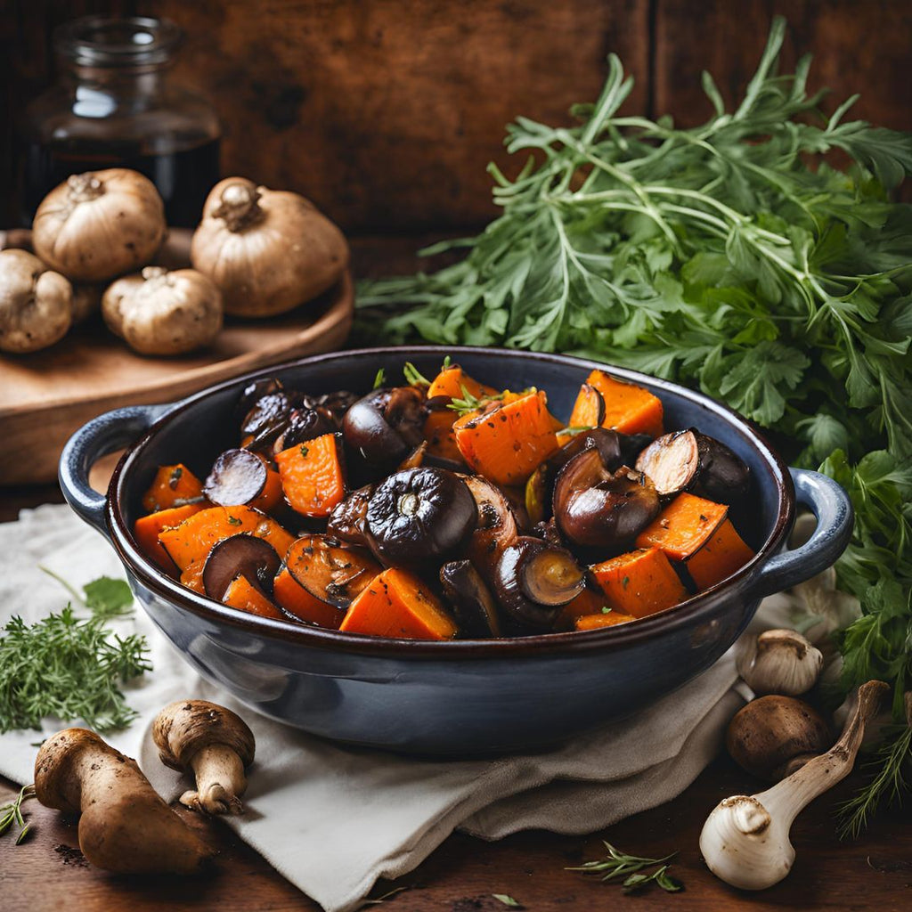 A roasting dish of sweet balsamic glazed veggies 