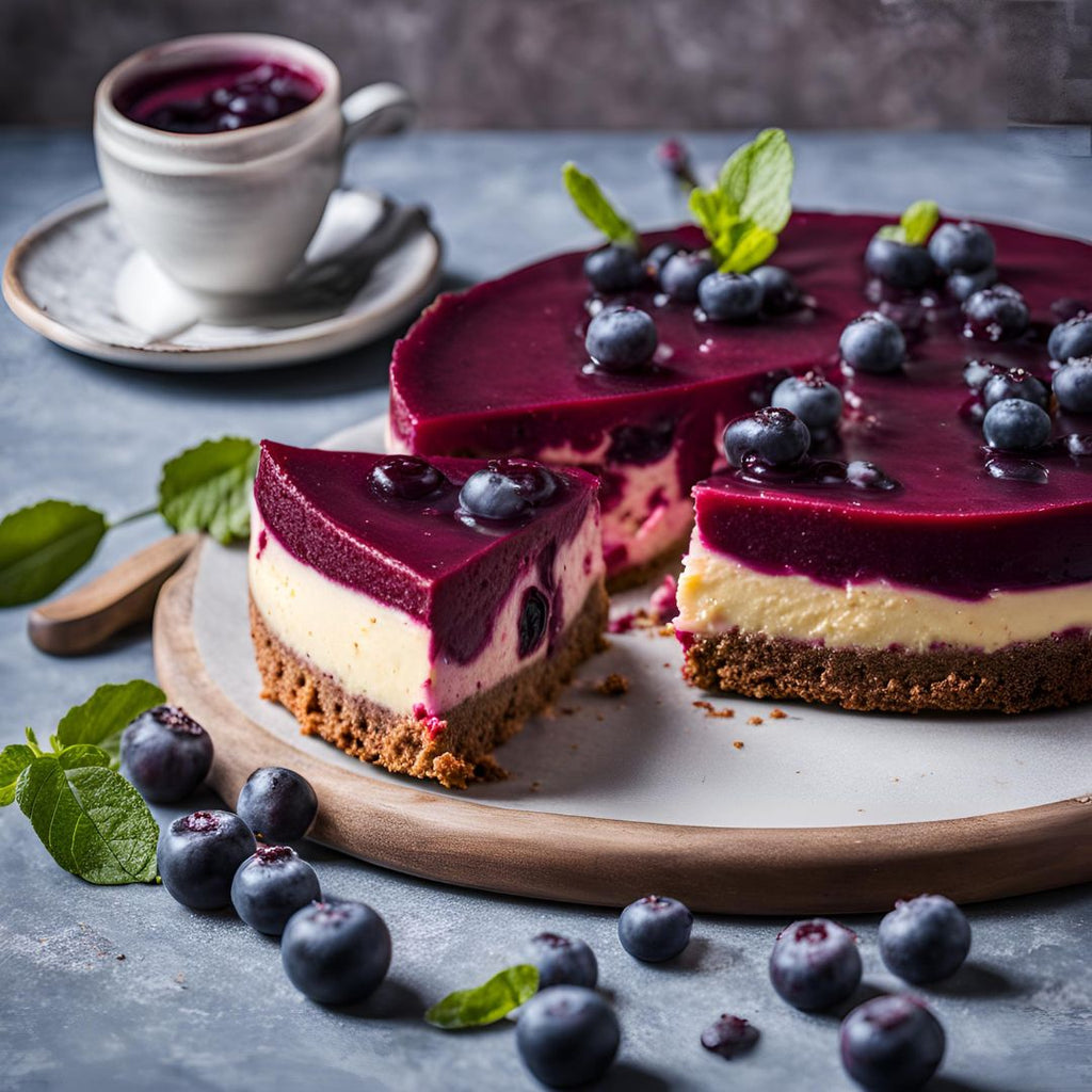 A Beetroot Latte & Blueberry Cheesecake with a fresh slice cut out of it. A blueberry tea is in the background behind it.