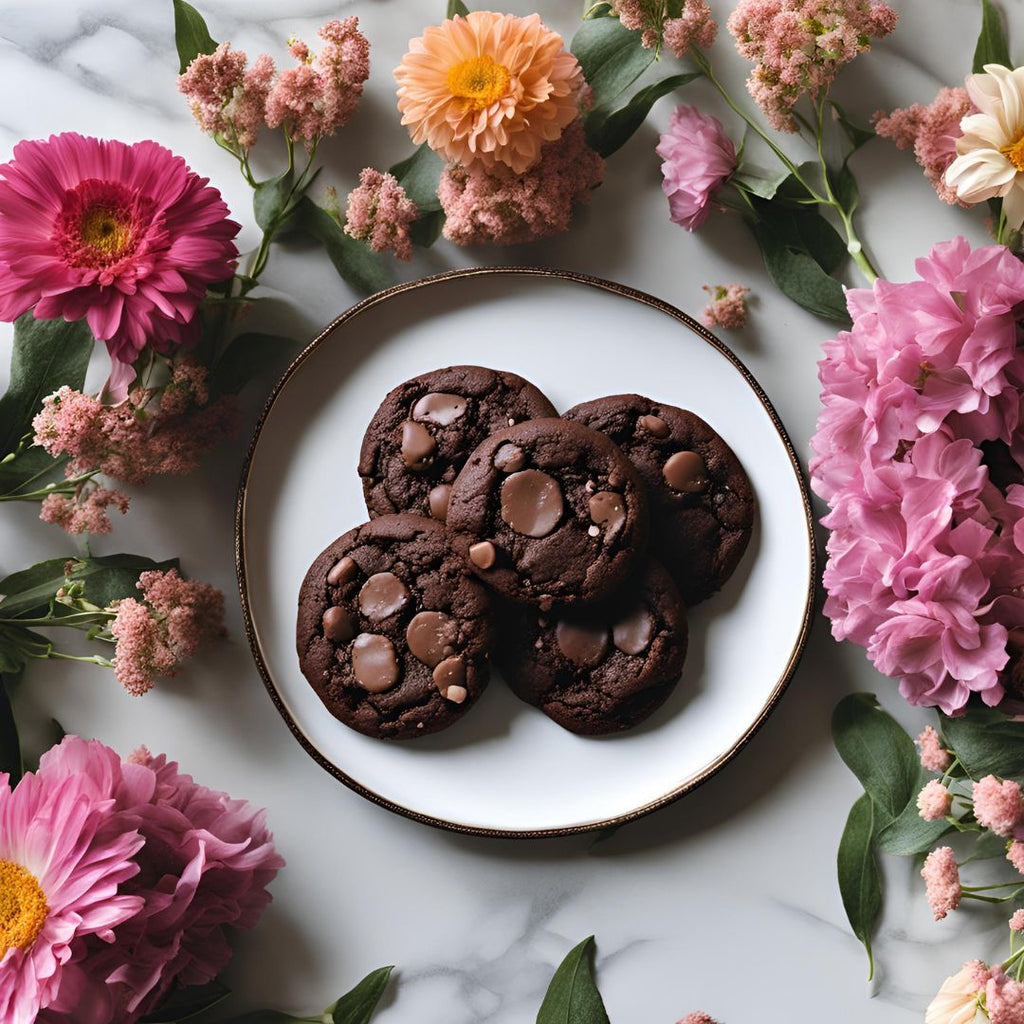 A fresh batch of Cacao Latte Double Chocolate Chip Cookies on a plate surrounded by flowers 