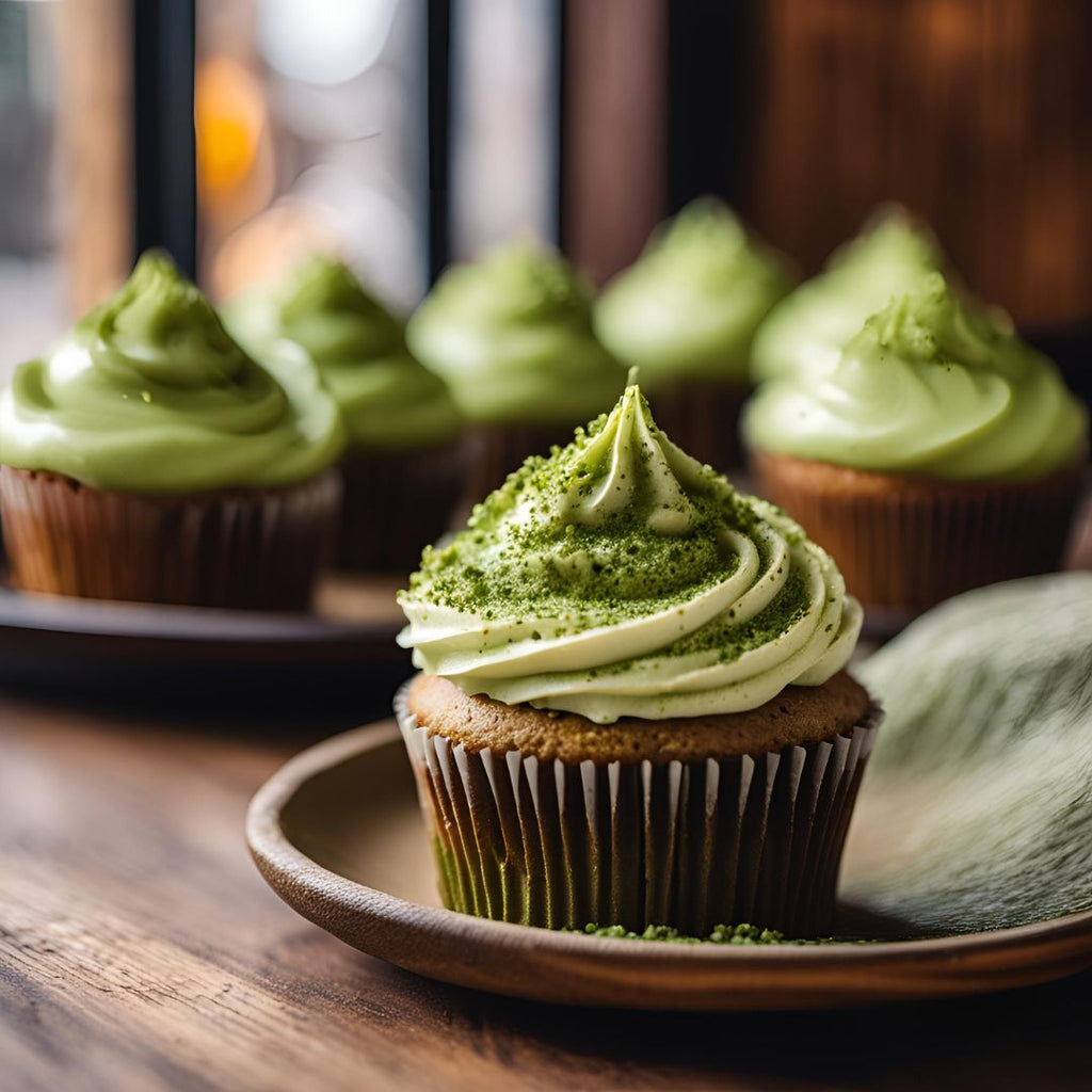 Matcha cupcakes all laid out on a plate, ready to be eaten. They are sprinkled with fresh Matcha Latte powder