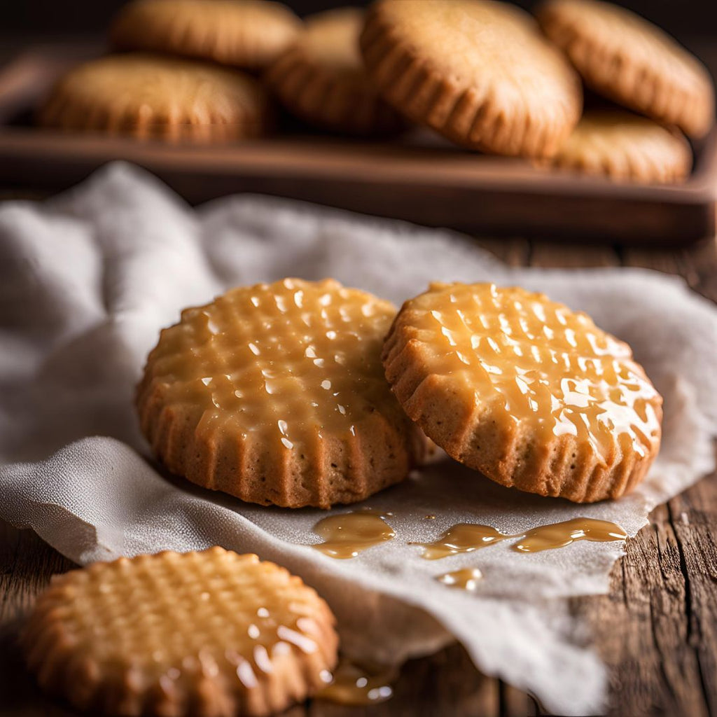 A batch of freshly baked turmeric and honey biscuits drizzled in fresh honey